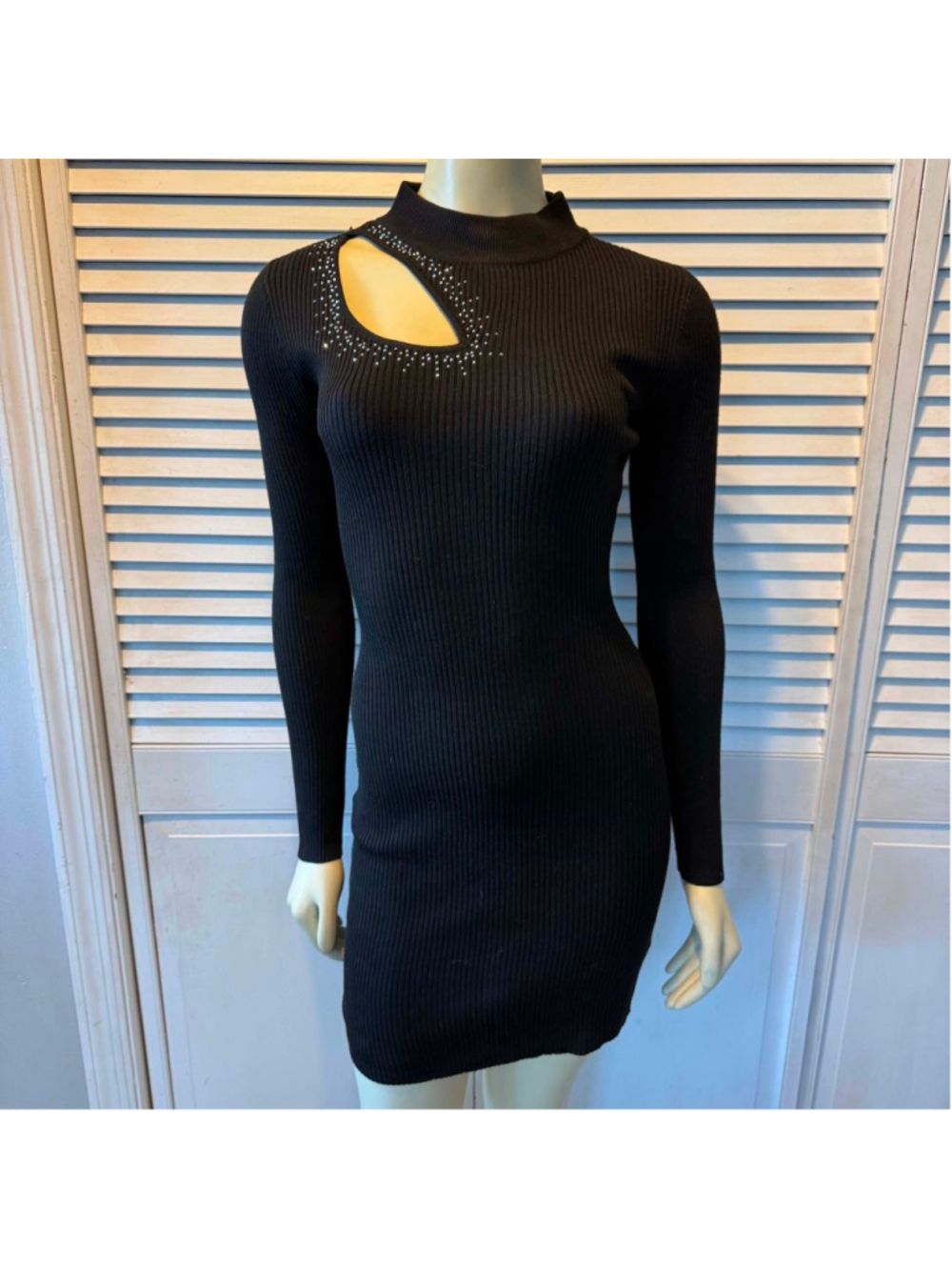 Women’s Ribbed Bodycon Mini Dress Cutout Neck Rhinestone Detail Long Sleeve